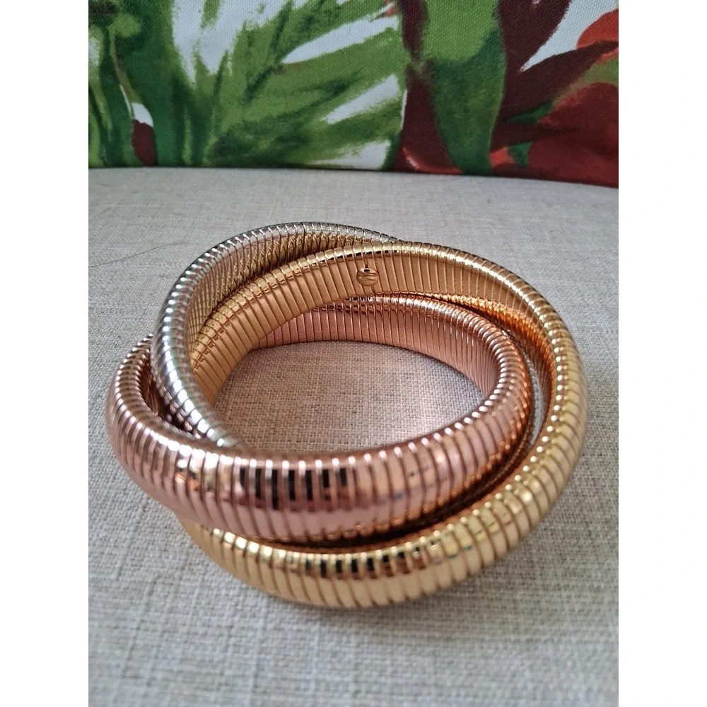 Tricolor Coil Bracelet Gold Silver Rose Tone Stretch Statement Bangle - Picture 2 of 6